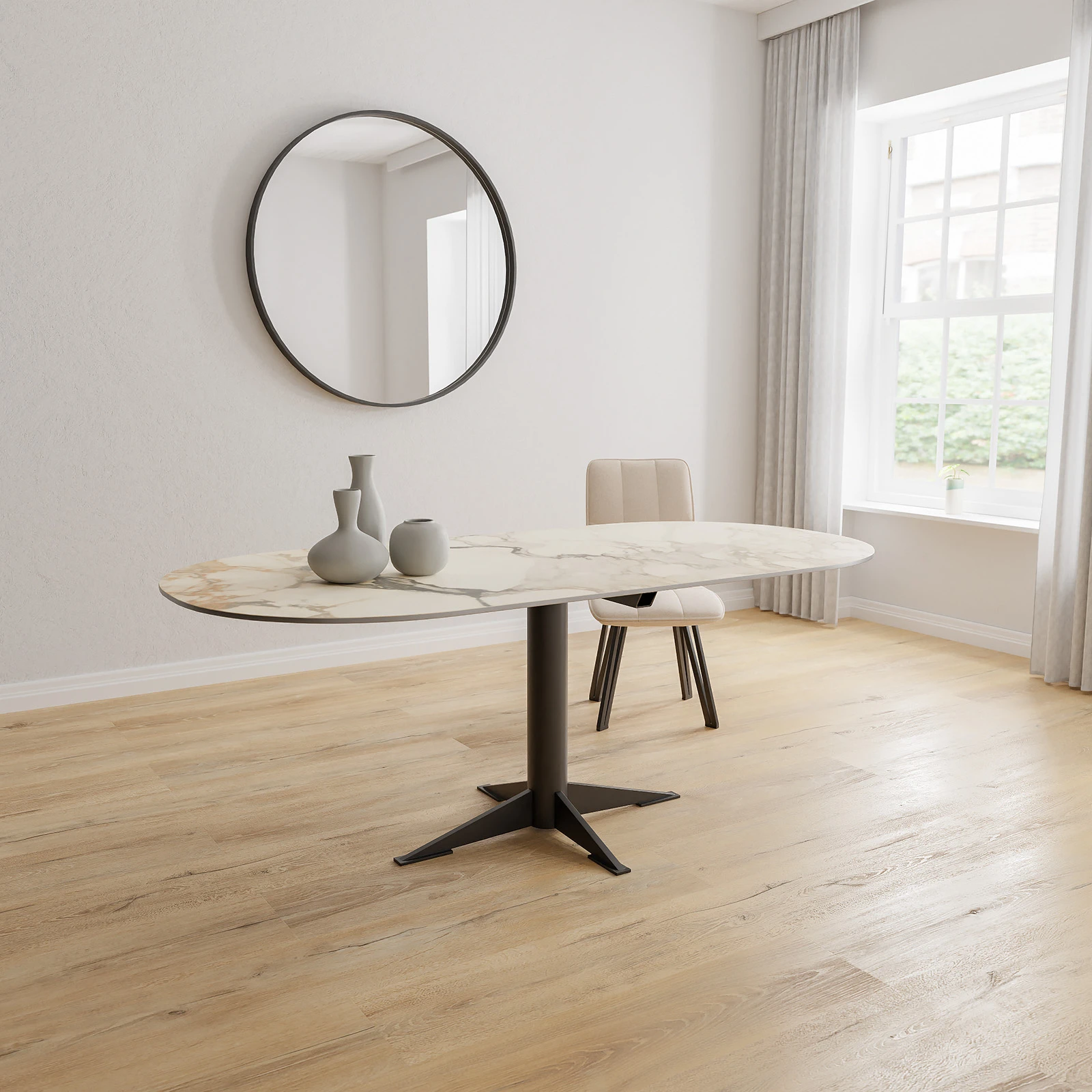 Eettafel Westfield - Halve Cirkel Keramiek Calacatta Vena Vecchia Satin (200x100cm)