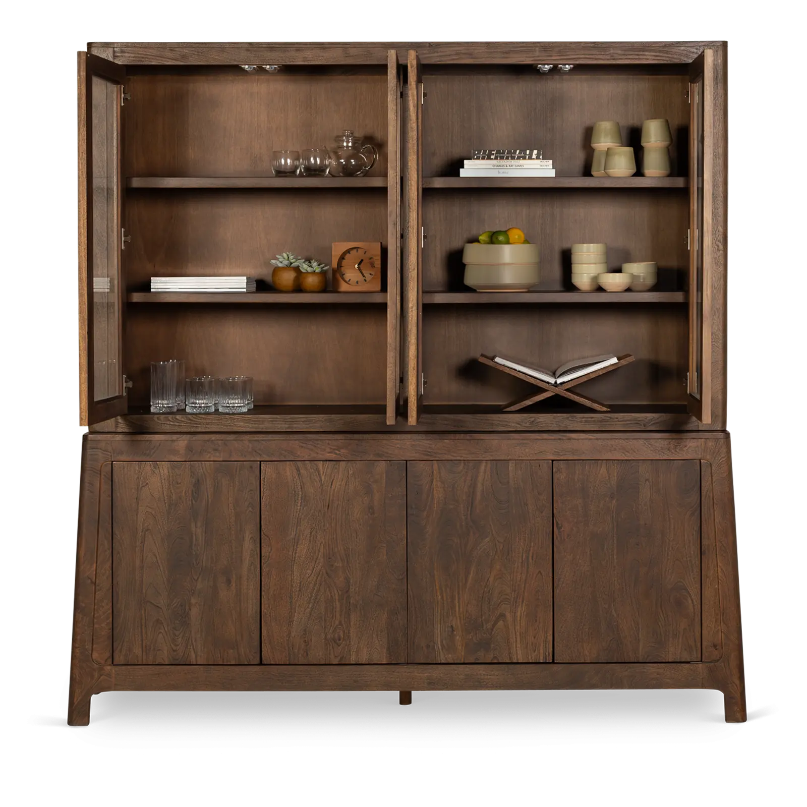 Buffetkast Latara - 200 cm - 8-deurs - Mangohout Cacao Bruin - 4 glasdeuren, 4 dichte deuren