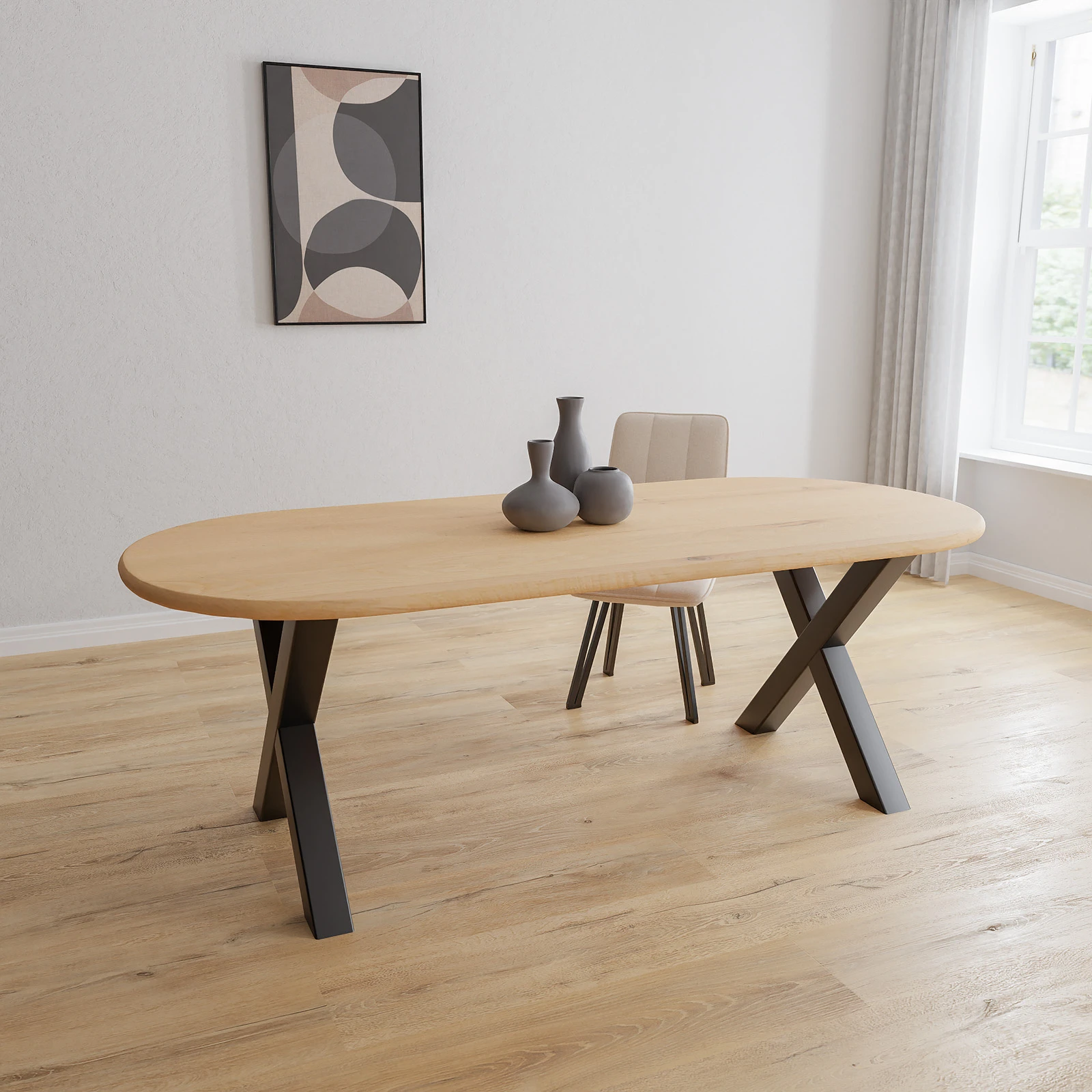 Eettafel X poot (8x8cm) - Halve Cirkel Eiken Nature White (220x100cm)