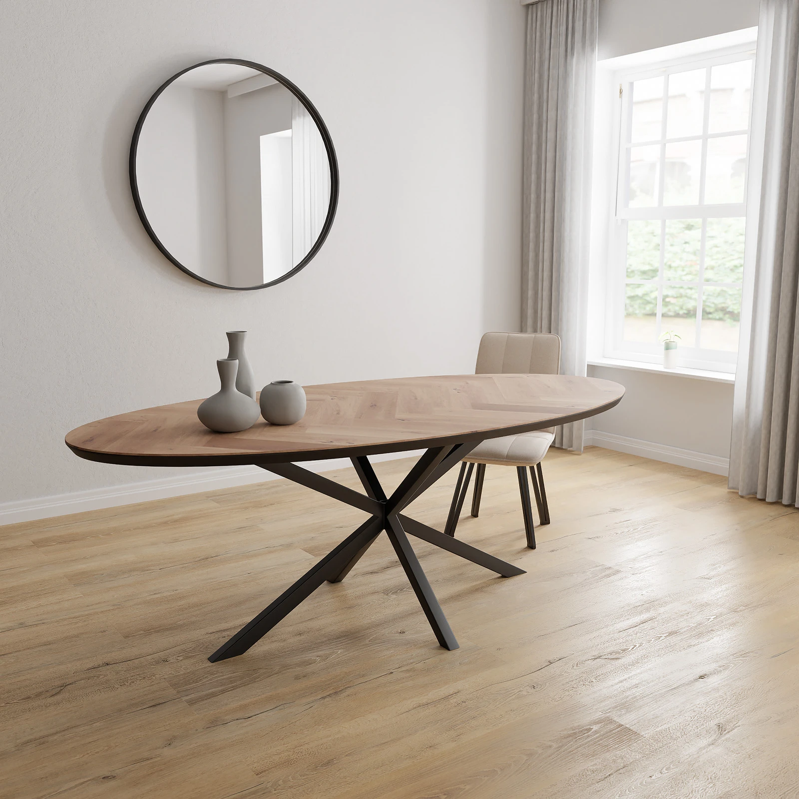 Eettafel North - Ovaal Eiken Visgraat Kiezel (220x110cm)