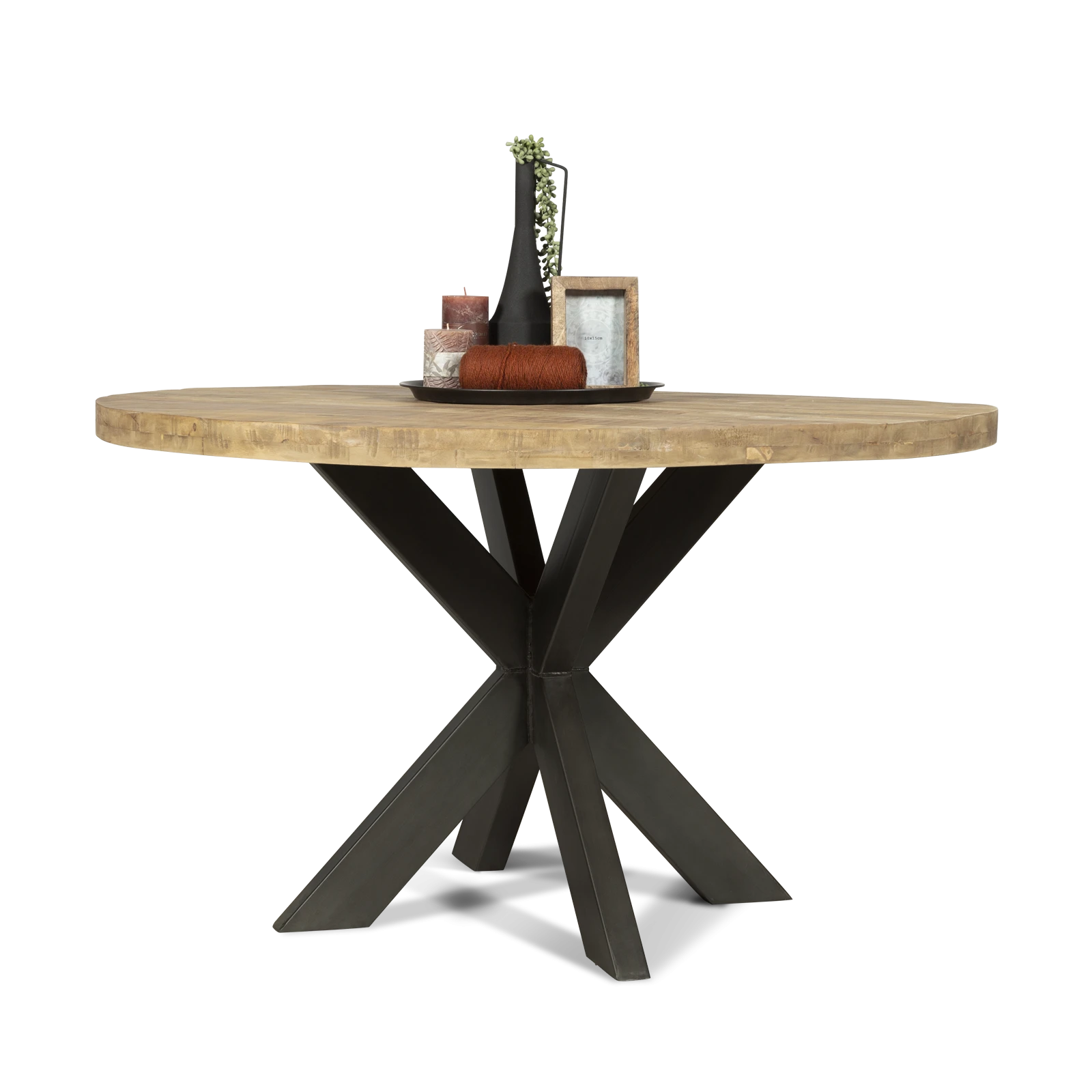 Eettafel (rond 120cm - poot 10x5cm) Steelwood - Seasoned Brown/Metaal Zwart