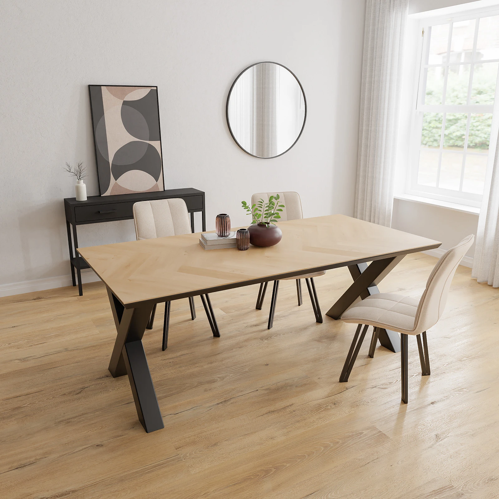 Eettafel X poot (10x10cm) - Rechthoek Eiken Visgraat Nature White (200x100cm)