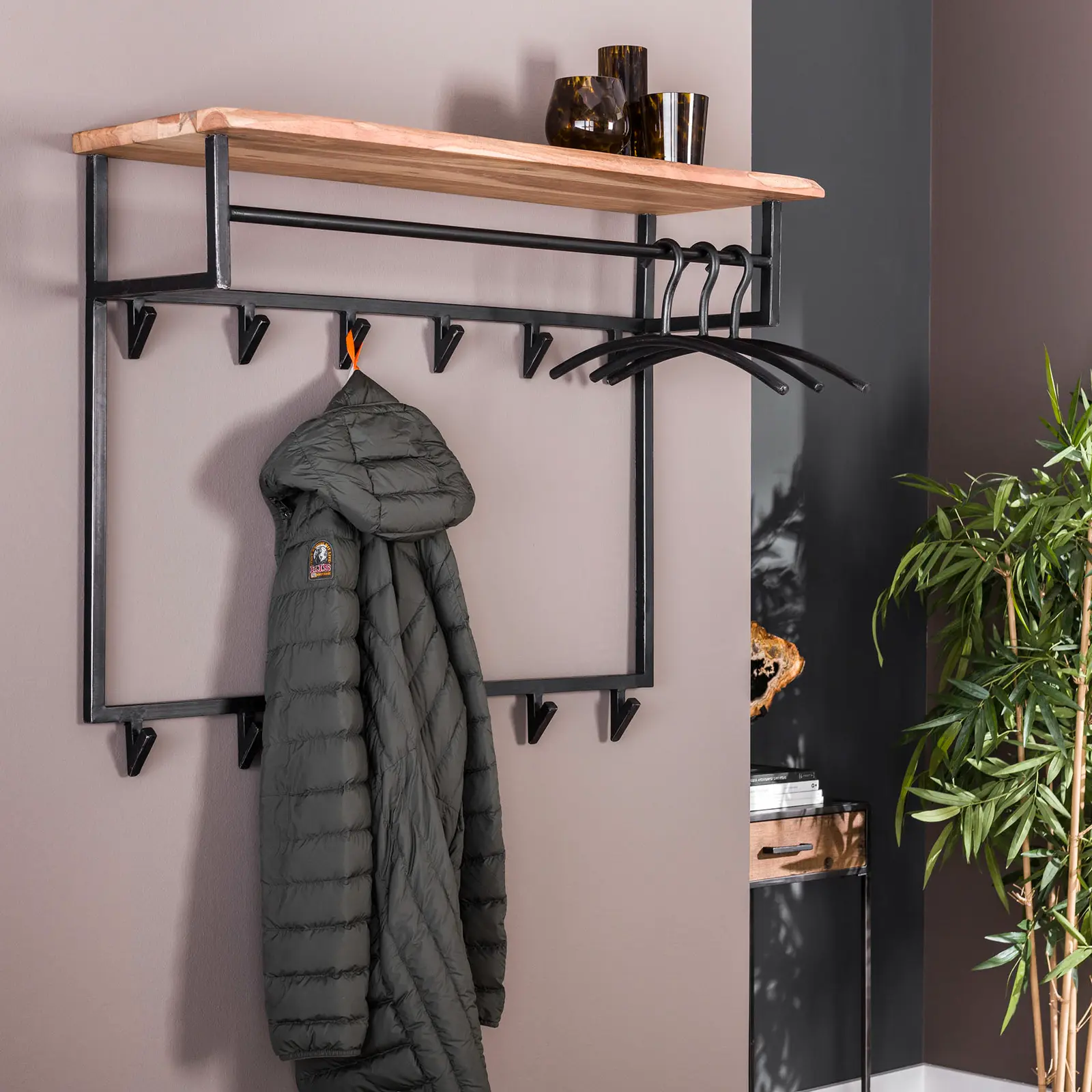 Kapstok Edge - 100 cm - 12 haken - roede - hoedenplank - Acaciahout