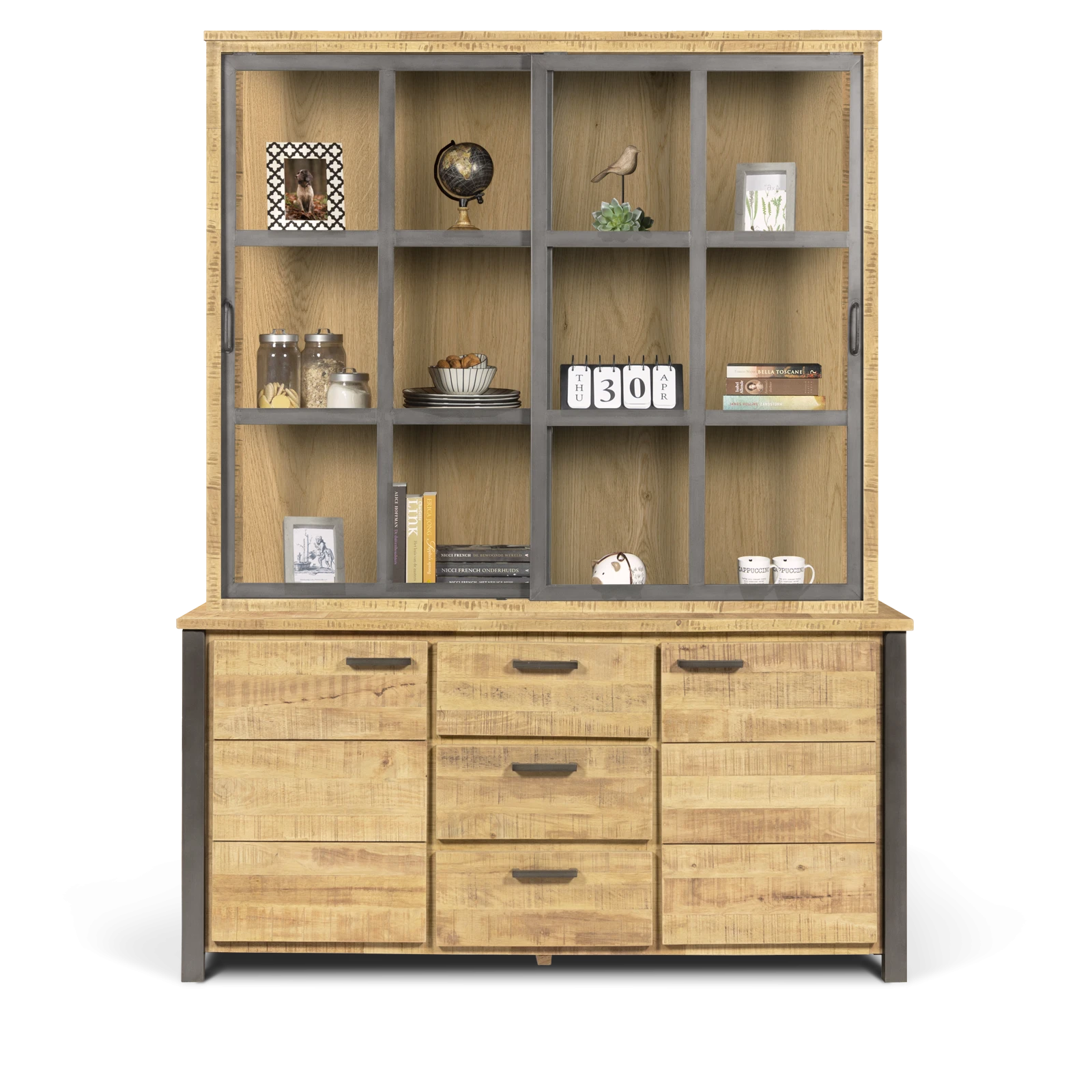 Vitrinekast (schuifdeuren) Steelwood - Seasoned Brown/Metaal Zwart
