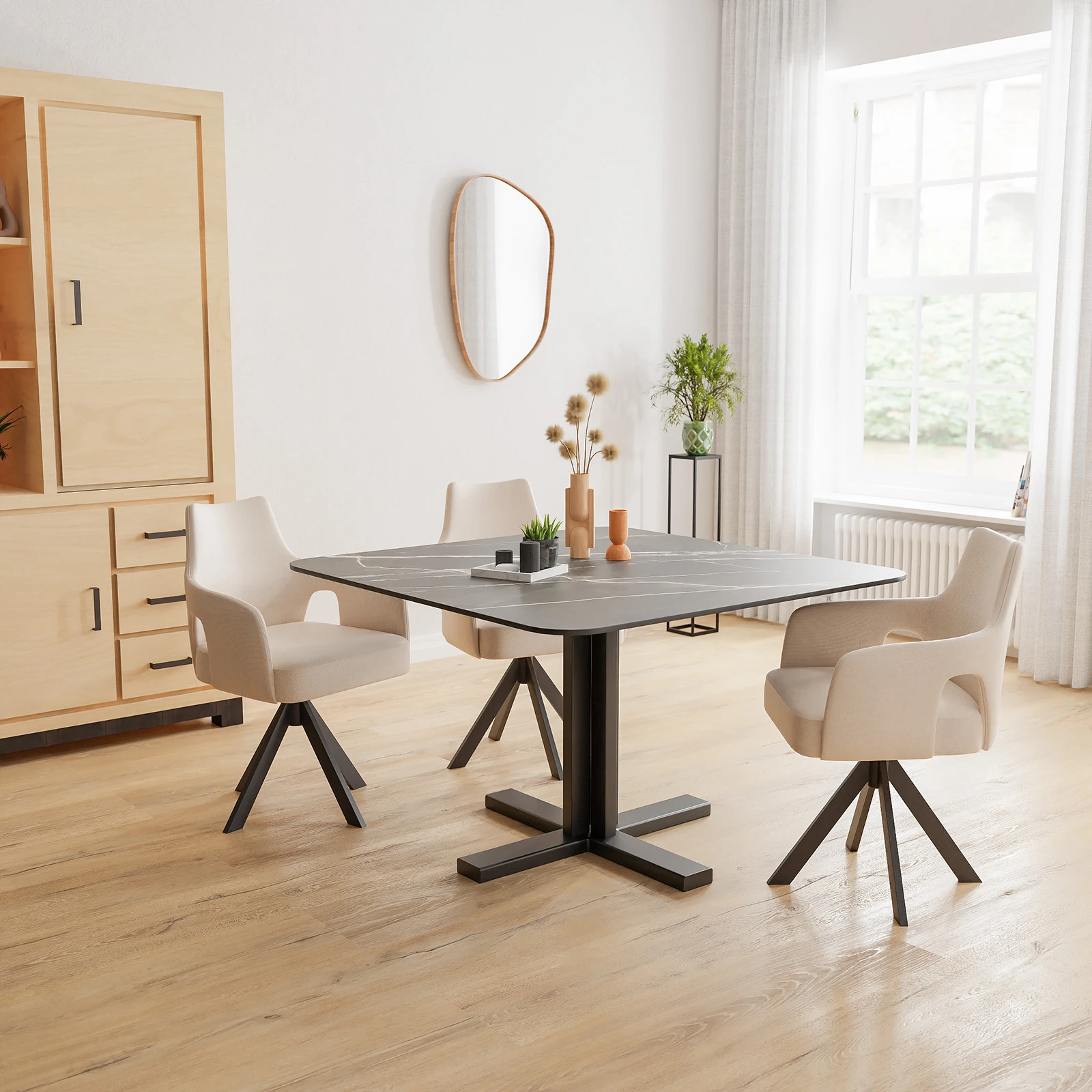Eettafel Kolos - Vierkant afgeronde hoek Keramiek Calacatta Black Satin (120x120cm)