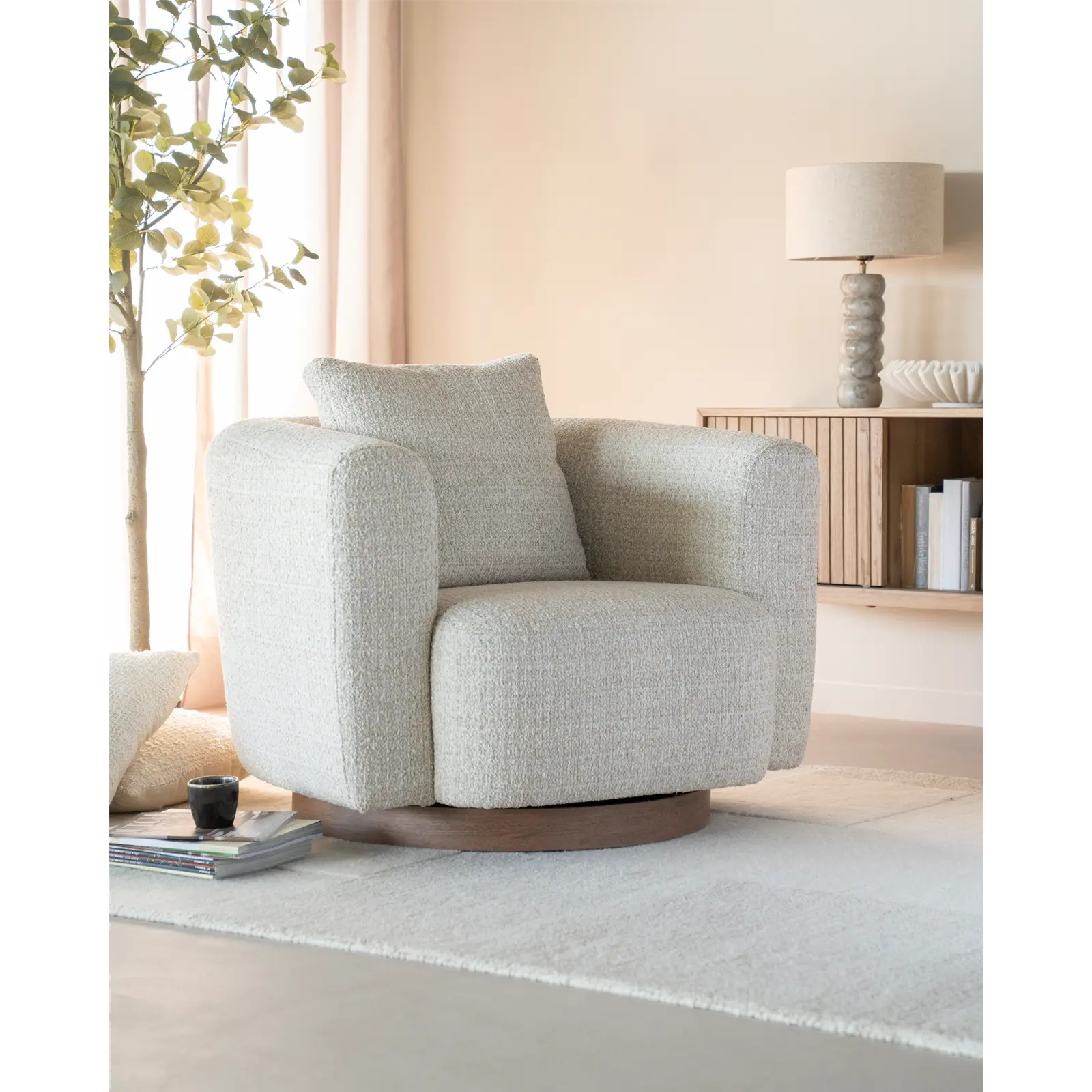 Fauteuil Jordan - draaibaar - stof Asti Beige - grof geweven - ronde vorm