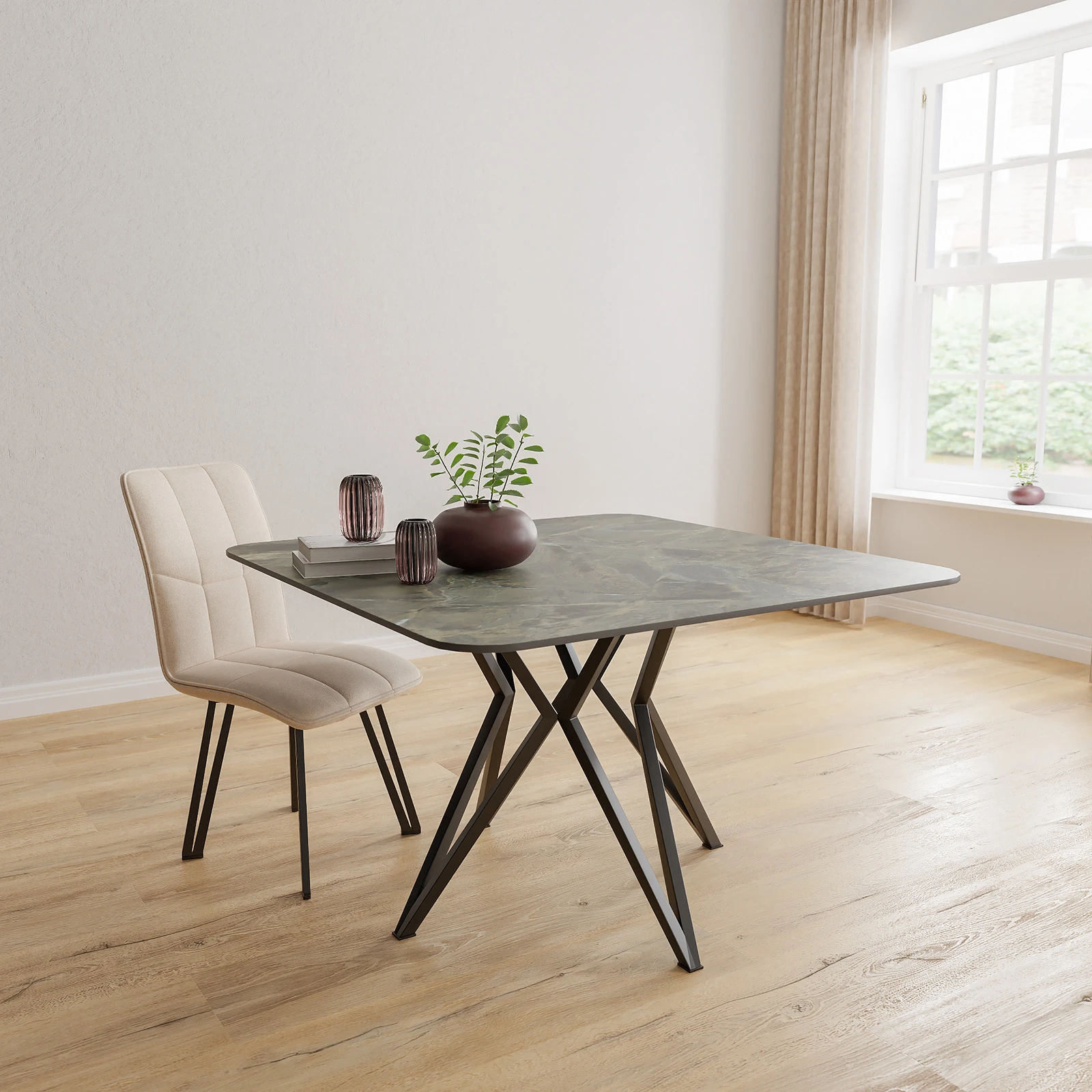 Eettafel Crosse - Vierkant afgeronde hoek Keramiek Verda Borgogna Satin (120x120cm)