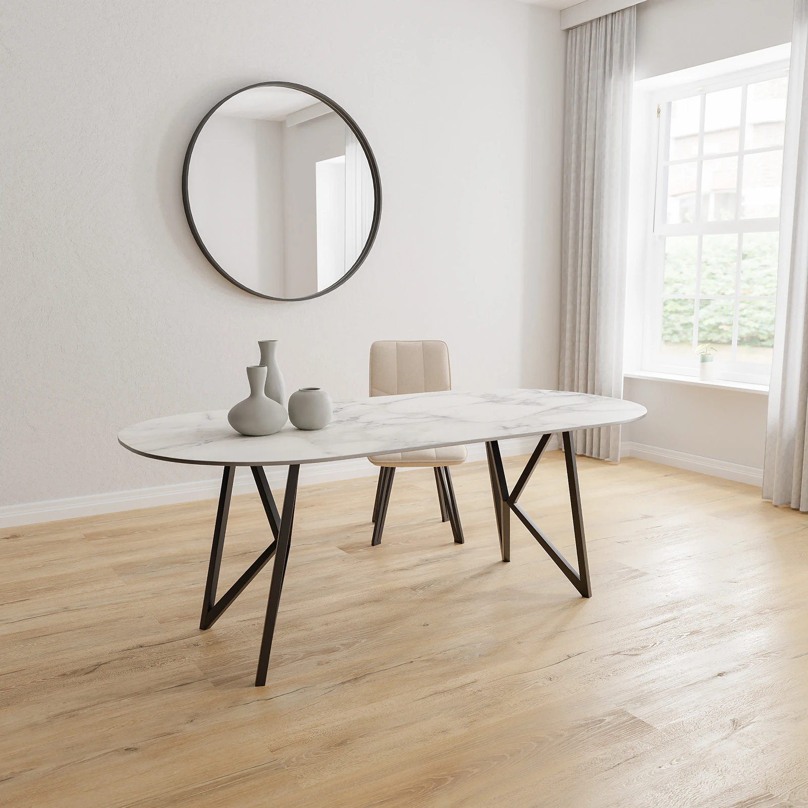 Eettafel Crosse (los) - Halve Cirkel Keramiek Calacatta Extra Satin (200x100cm)