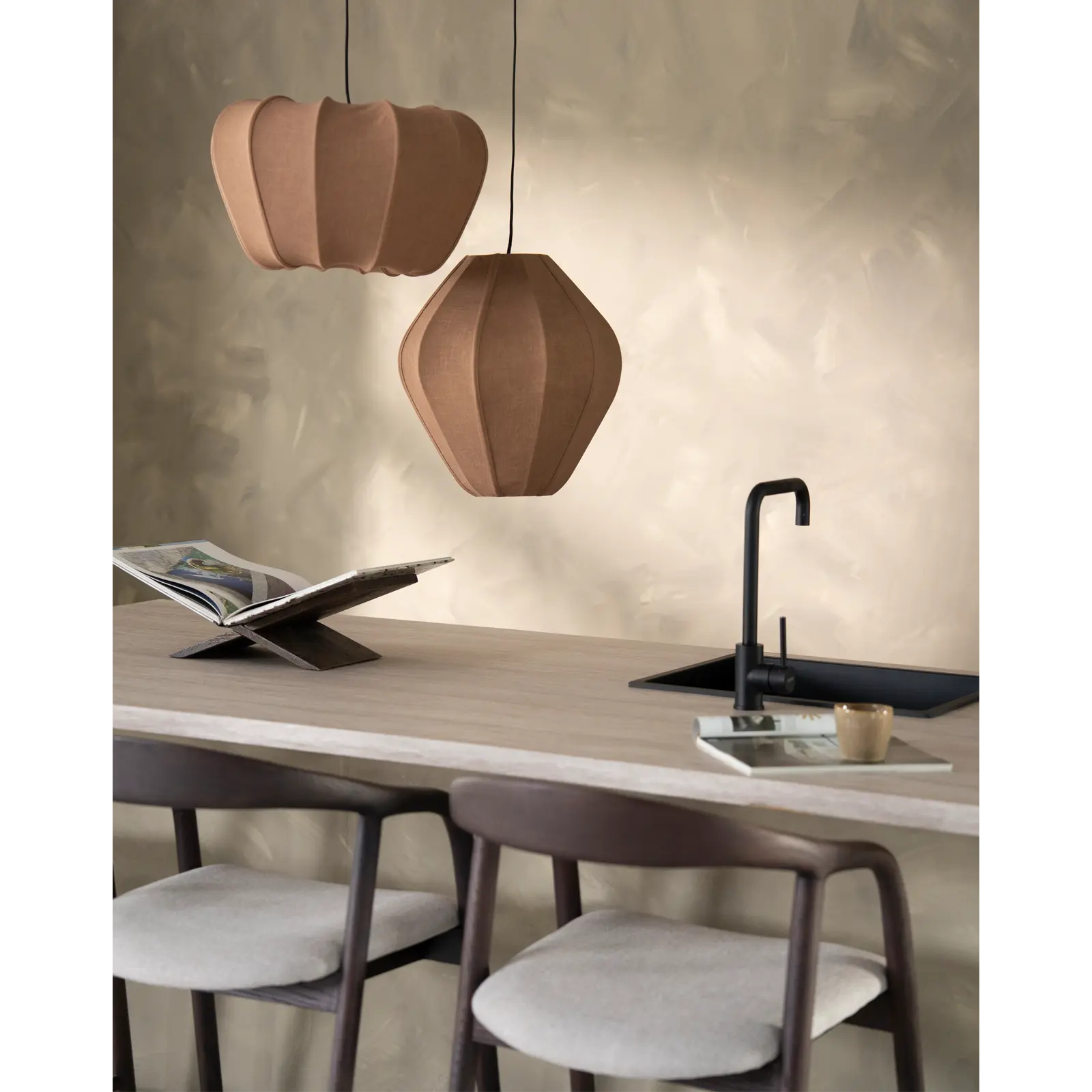 Hanglamp Sora 2 - rond Ø42 cm - stof Linnenlook Bruin