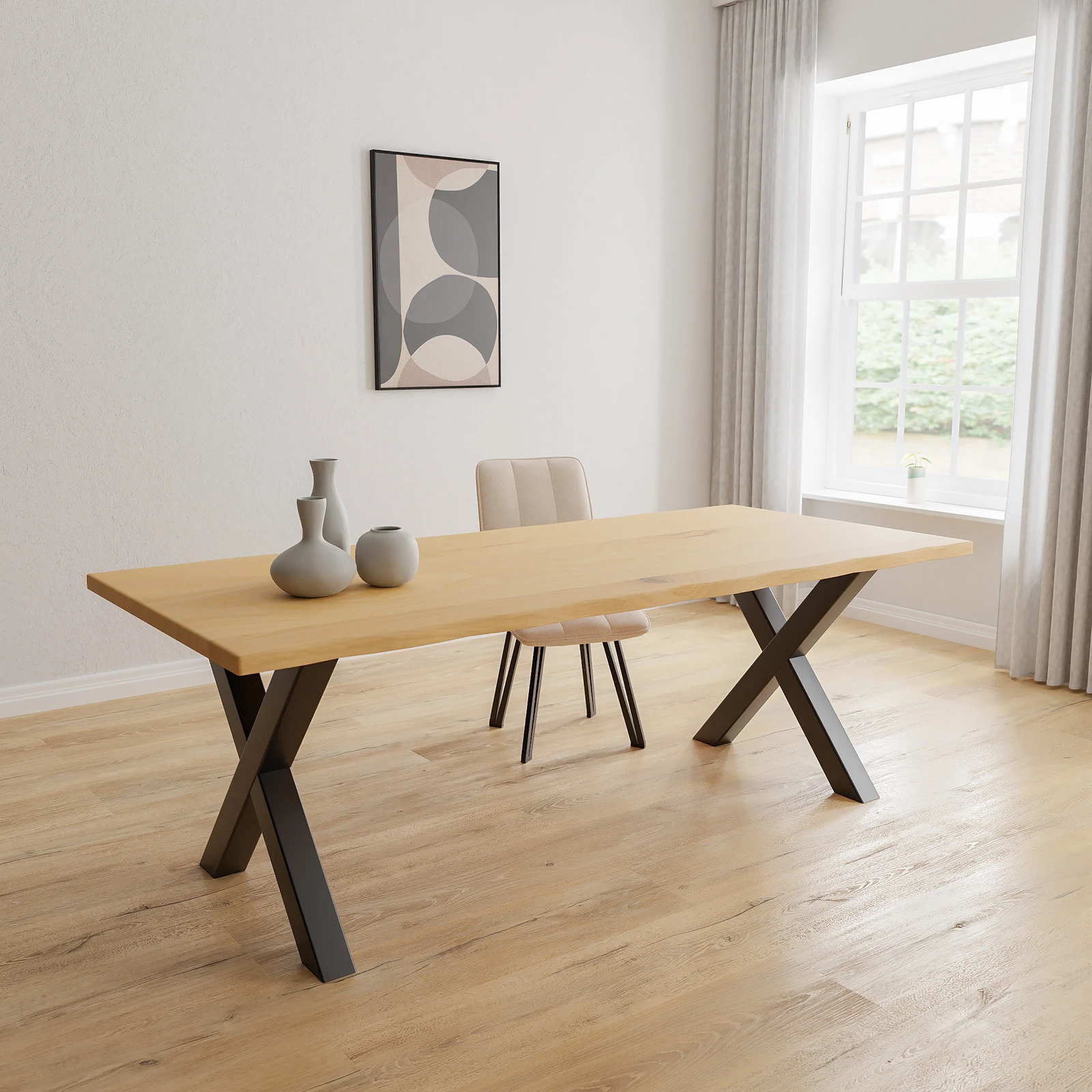 Eettafel X poot (8x8 cm) - Rechthoekig Boomstam Eiken Nature White (220x100cm)