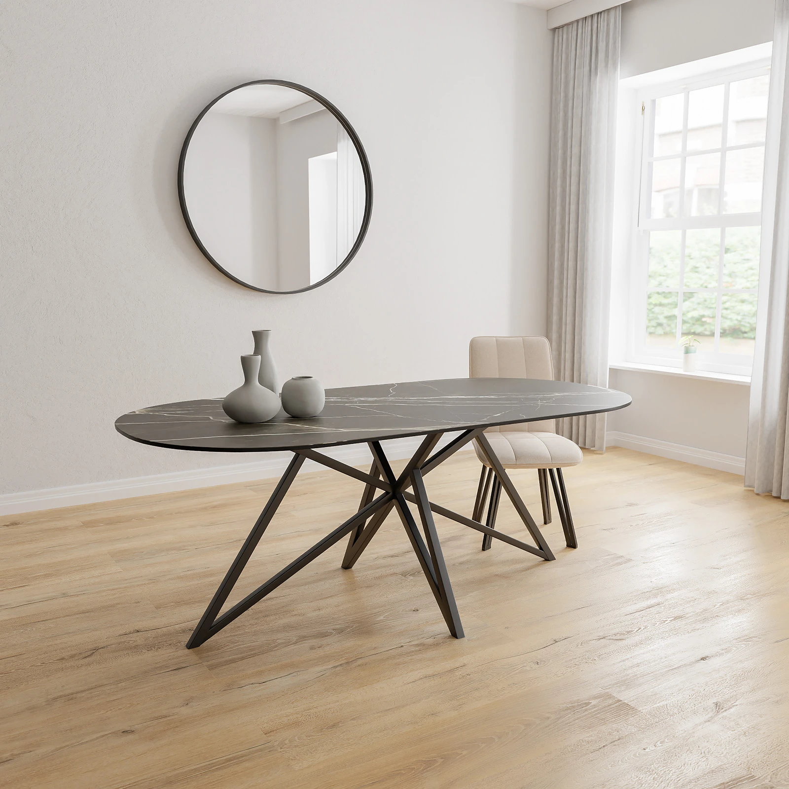 Eettafel Crosse - Halve Cirkel Keramiek Calacatta Black Satin (200x100cm)
