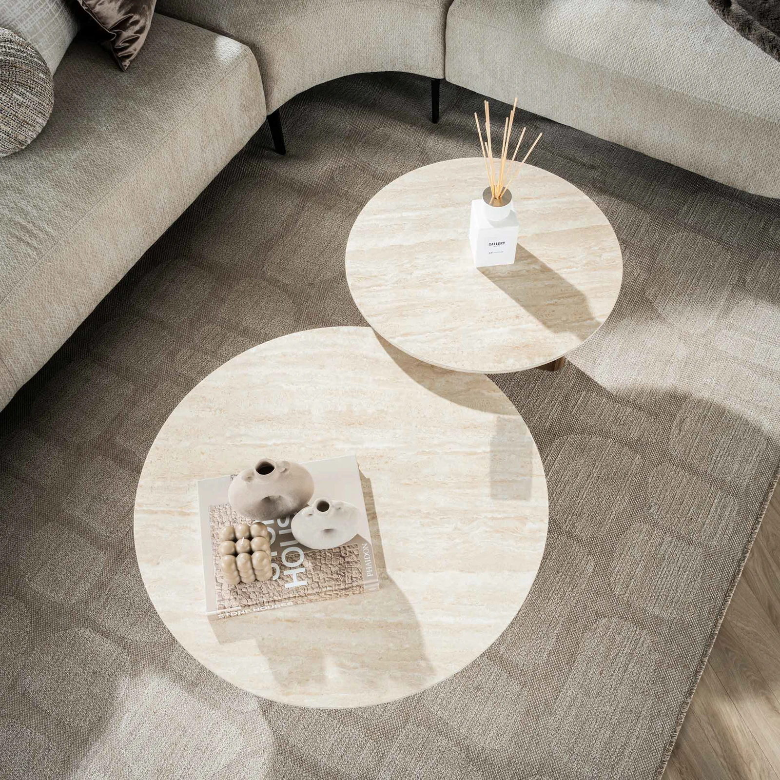 Salontafel Romano - rond - set van 2 - Keramiek Travertin