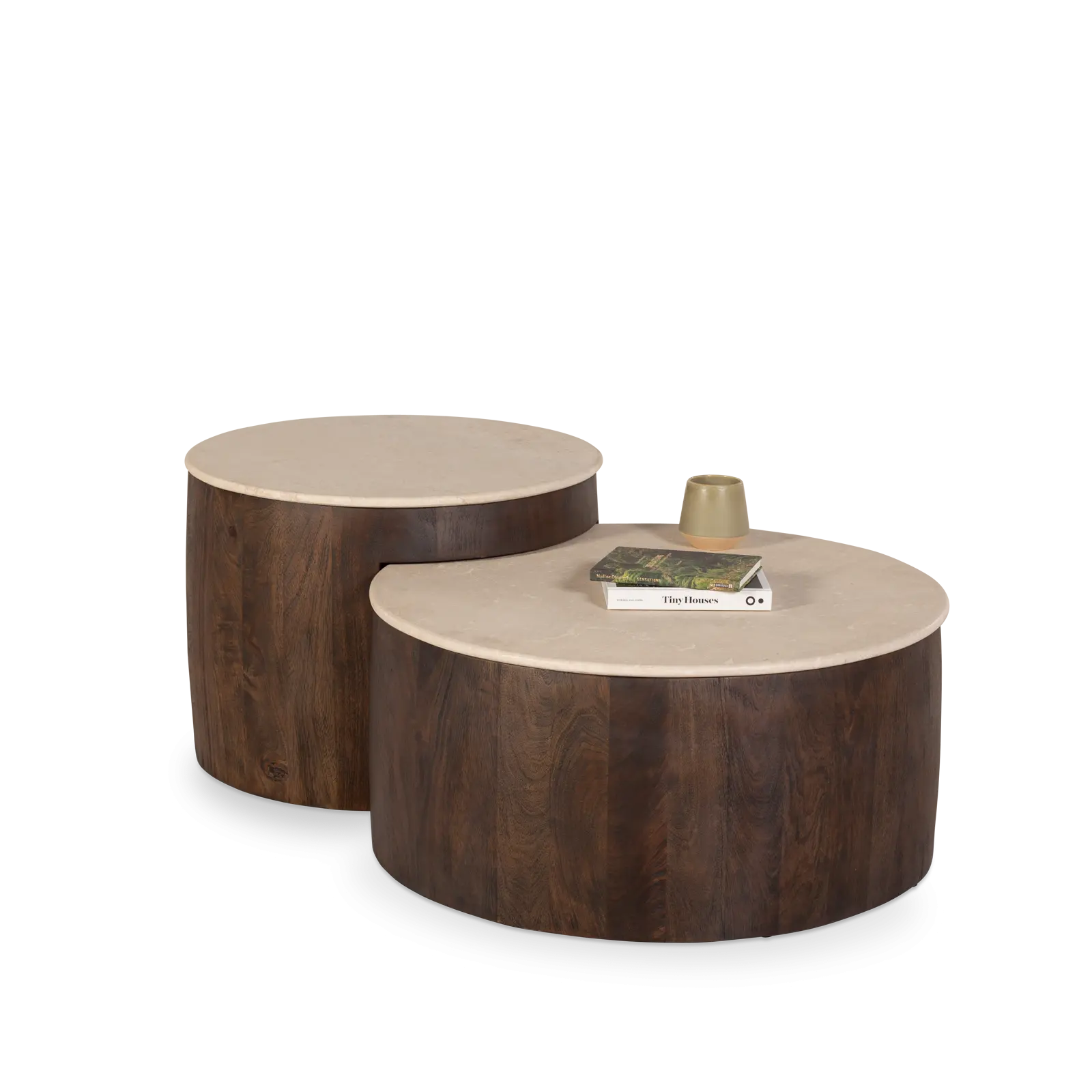 Salontafels set van 2 Bodhi - rond 65/80 cm - Mangohout Cacao Bruin + Marmer