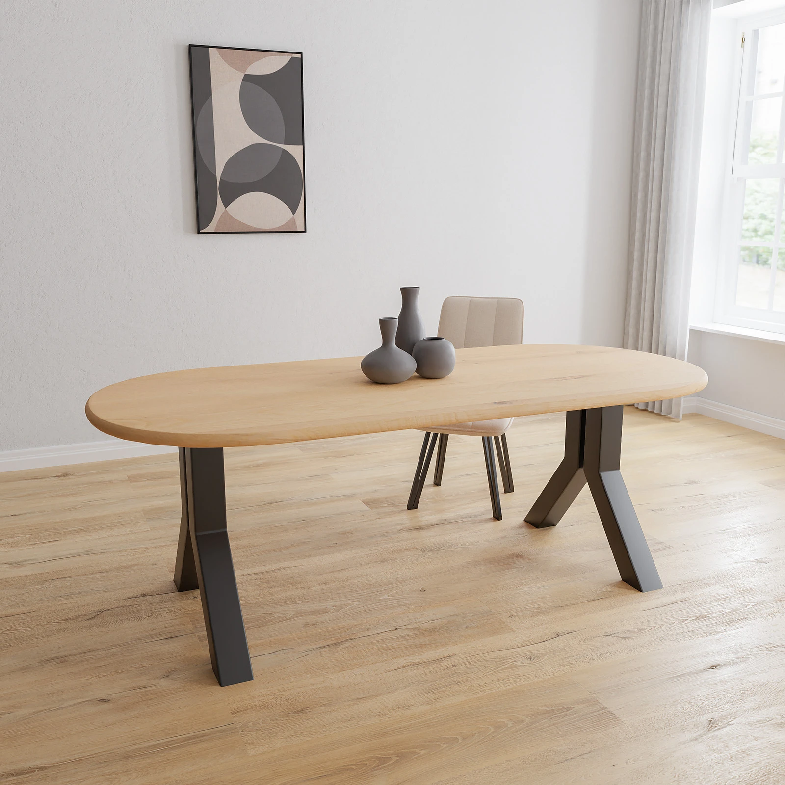 Eettafel Y poot (10x10cm) - Halve Cirkel Eiken Nature White (220x100cm)