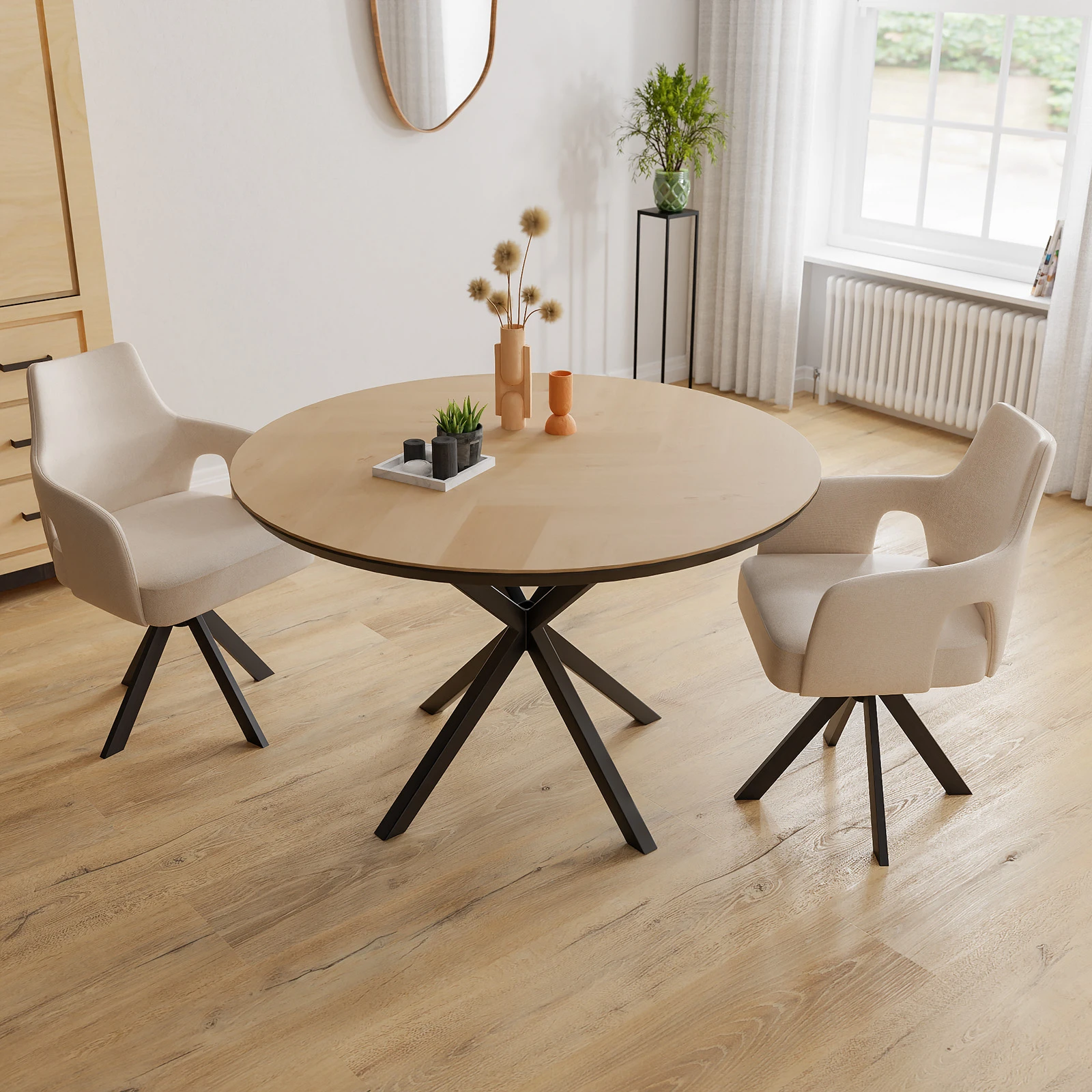 Eettafel North - Rond Eiken Visgraat Nature White (120cm)