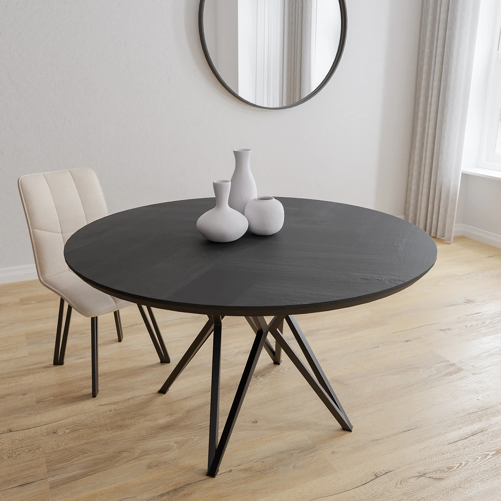 Eettafel Crosse - Rond Eiken Visgraat Black Sky (140cm)