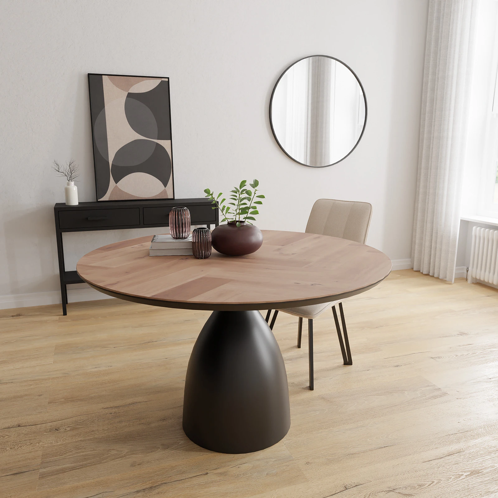 Eettafel Dome - Rond Eiken Visgraat Kiezel (130cm)