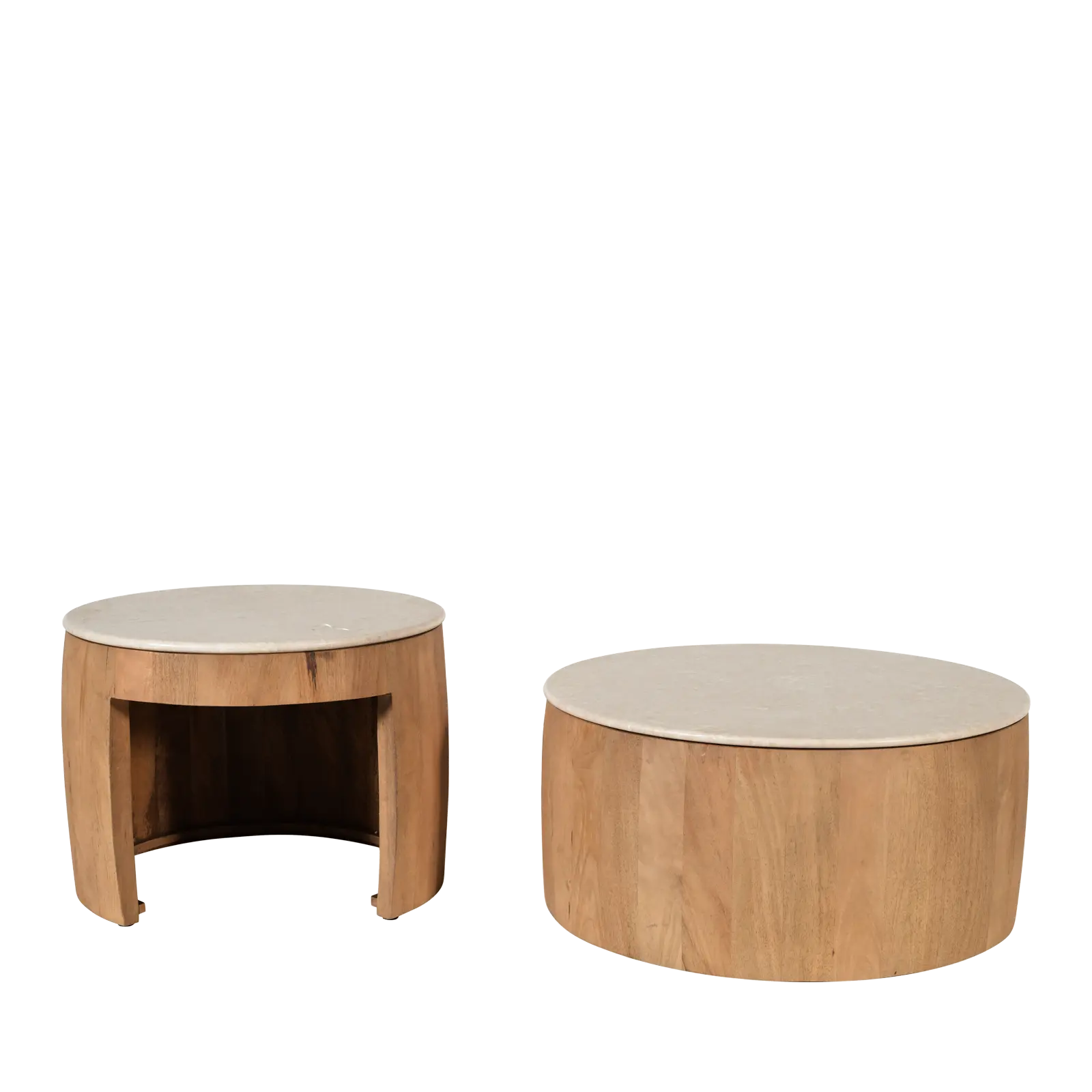 Salontafel set van 2 Bodhi - rond 65/80 cm - Mangohout Loom + Marmer