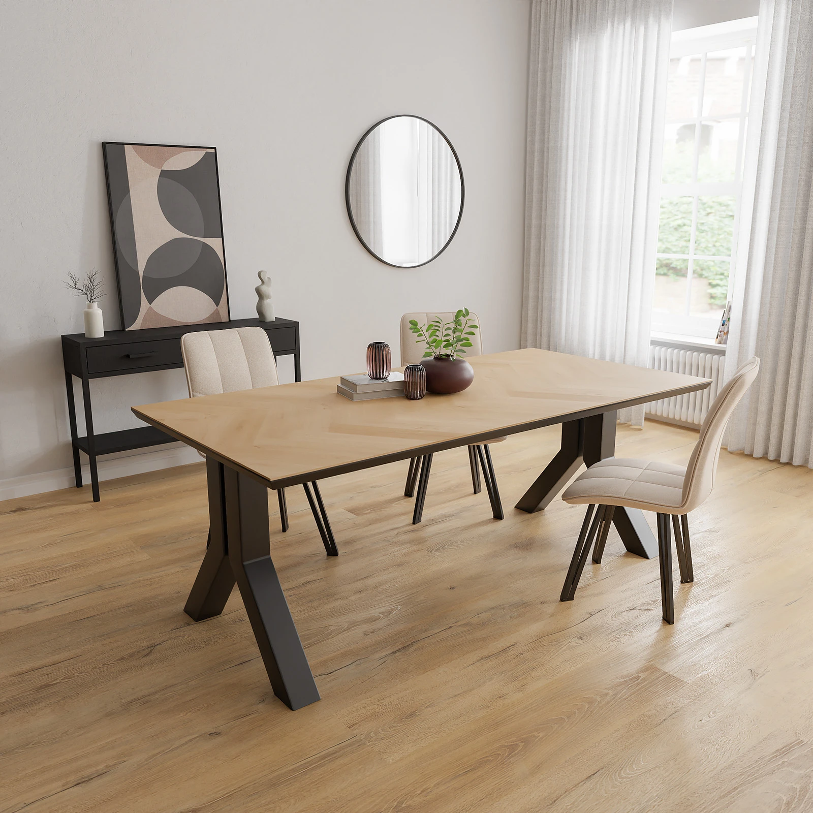 Eettafel Y poot (10x10cm) - Rechthoek Eiken Visgraat Nature White (200x100cm)