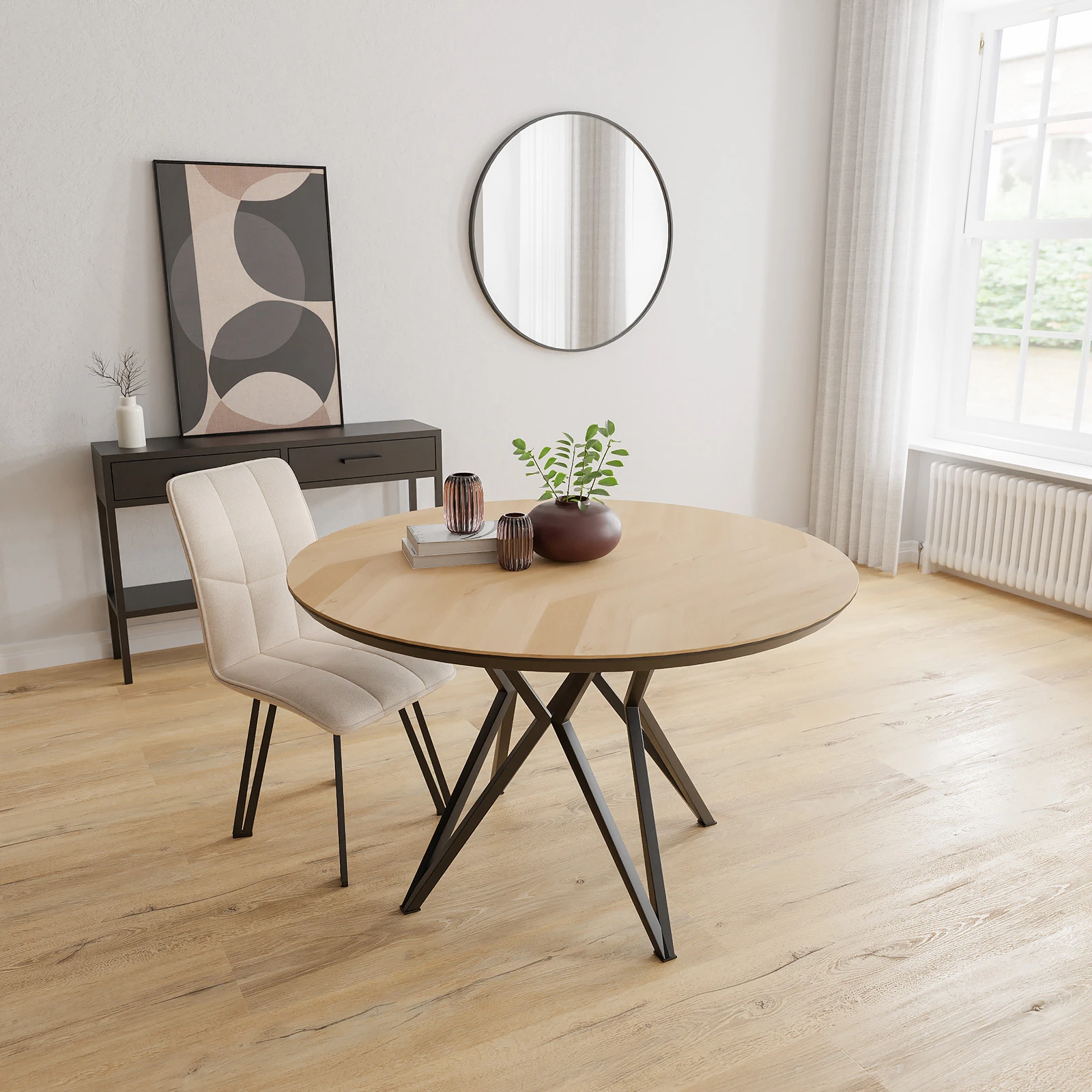 Eettafel Crosse - Rond Eiken Visgraat Nature White (130cm)