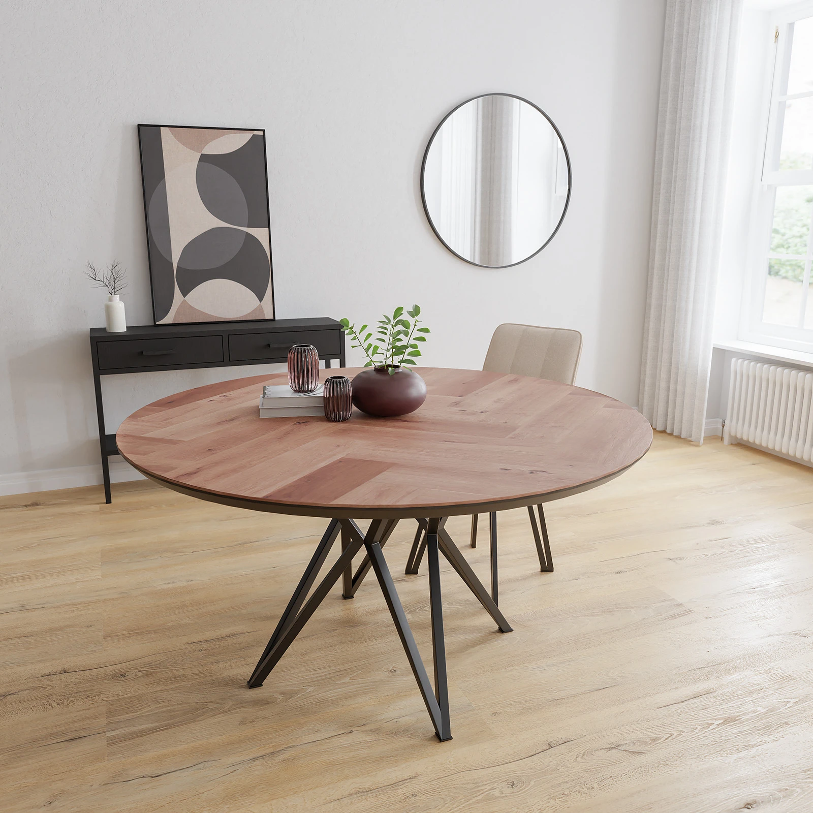 Eettafel Crosse - Rond Eiken Visgraat Kiezel (150cm)