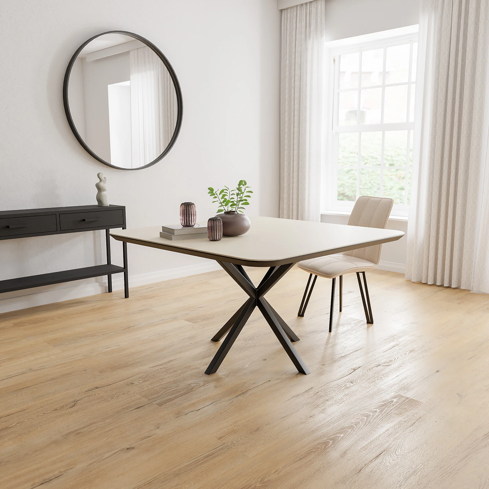 Eettafel North - Vierkant afgeronde hoeken HPL Stone Beige (130x130cm)