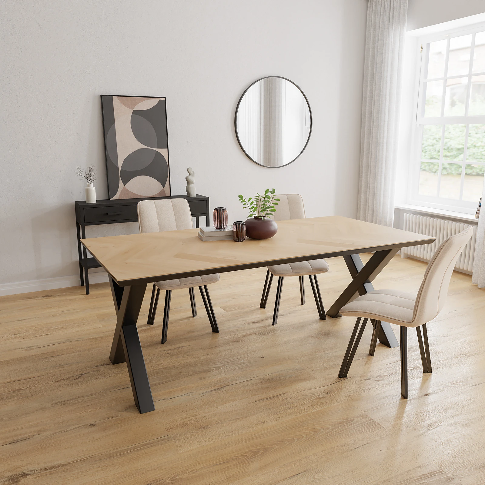 Eettafel X poot (8x8cm) - Rechthoek Eiken Visgraat Nature White (200x100cm)