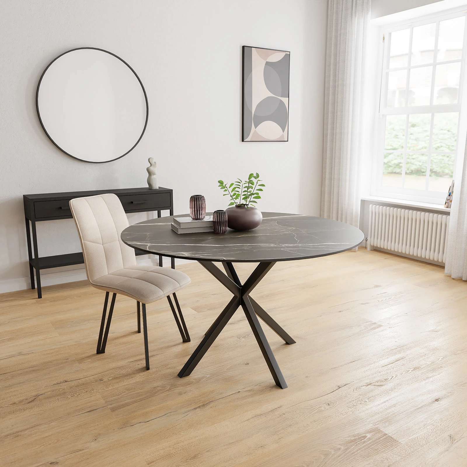 Eettafel North - Rond Keramiek Calacatta Black Satin (130cm)