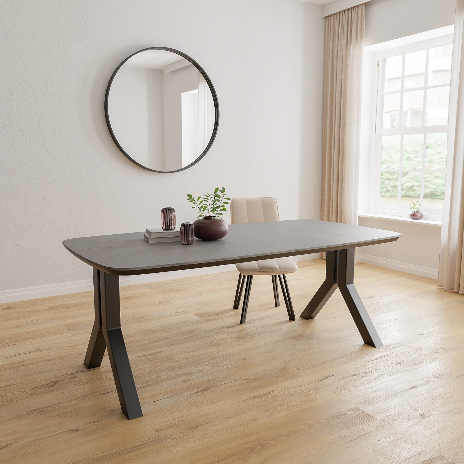 Eettafel Y poot (8x8cm) - Deens Ovaal HPL Houtlook zwart (200x105cm)