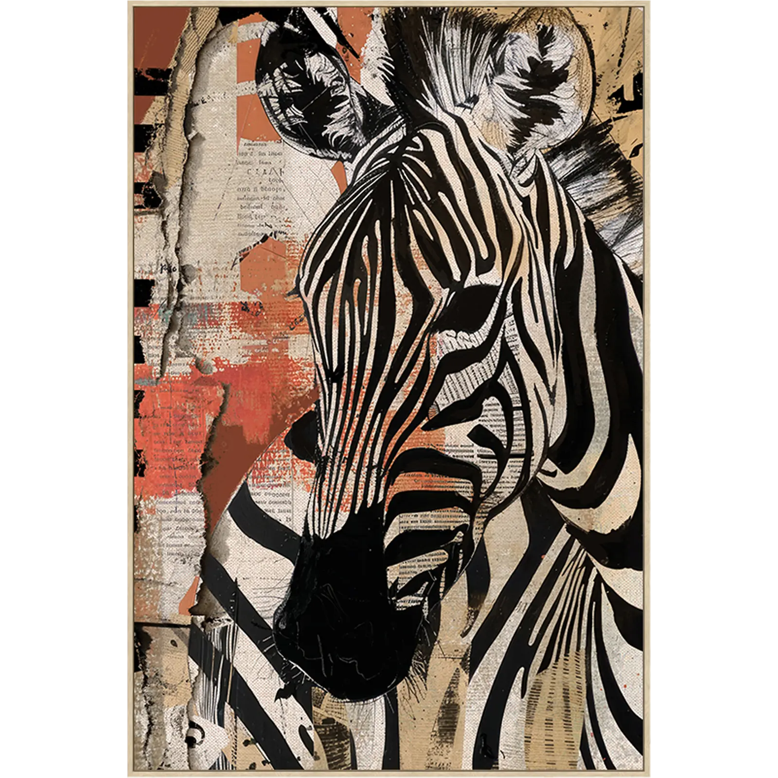 Schilderij Zebra - 80x120 cm - Zwart / Beige / Terra