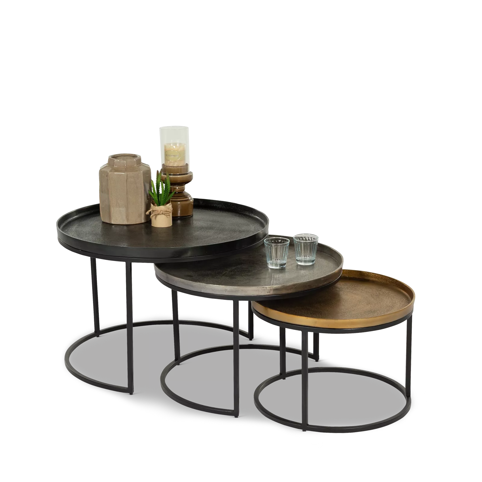 Salontafels (set van 3) Zulia - Zwart/Tin/Goud
