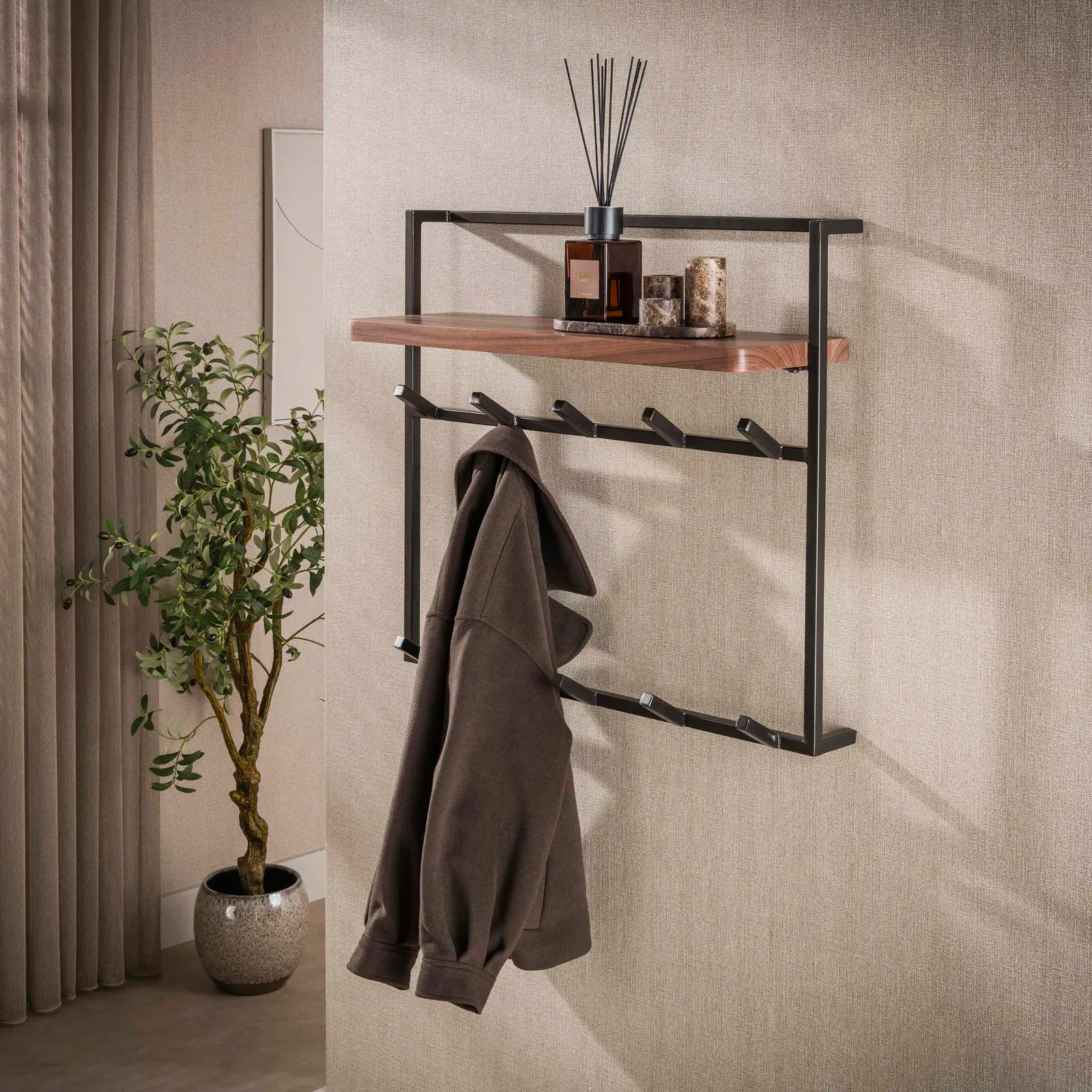 Kapstok Air Pure hoog - 2x6 haken - Acacia Bruin