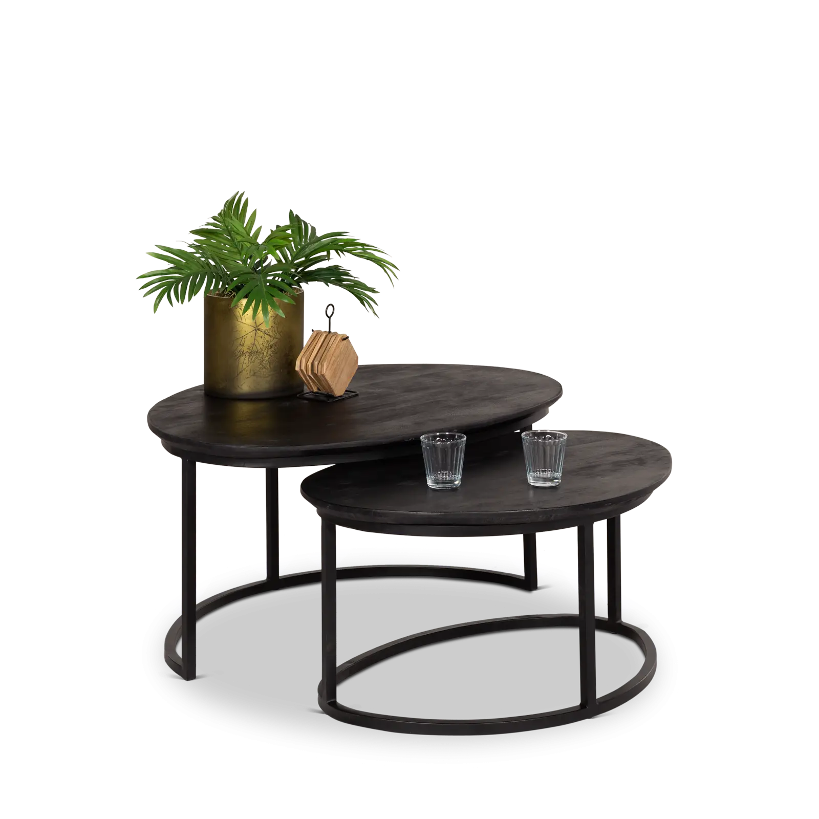 Salontafel set van 2 - Rimini - kiezelvorm - Mangohout Zwart