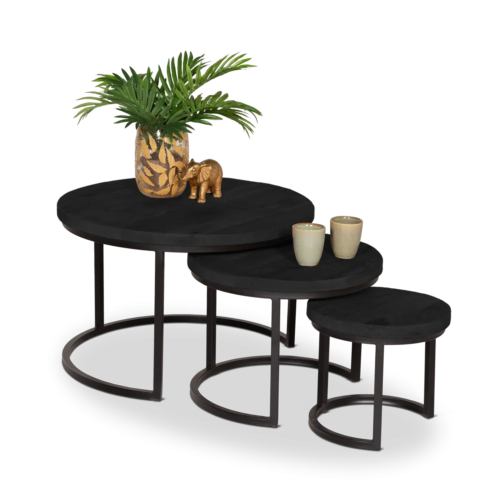 Salontafel set van 3 Jimmy - rond 70/50/35 cm - Mangohout Zwart - ACTIE