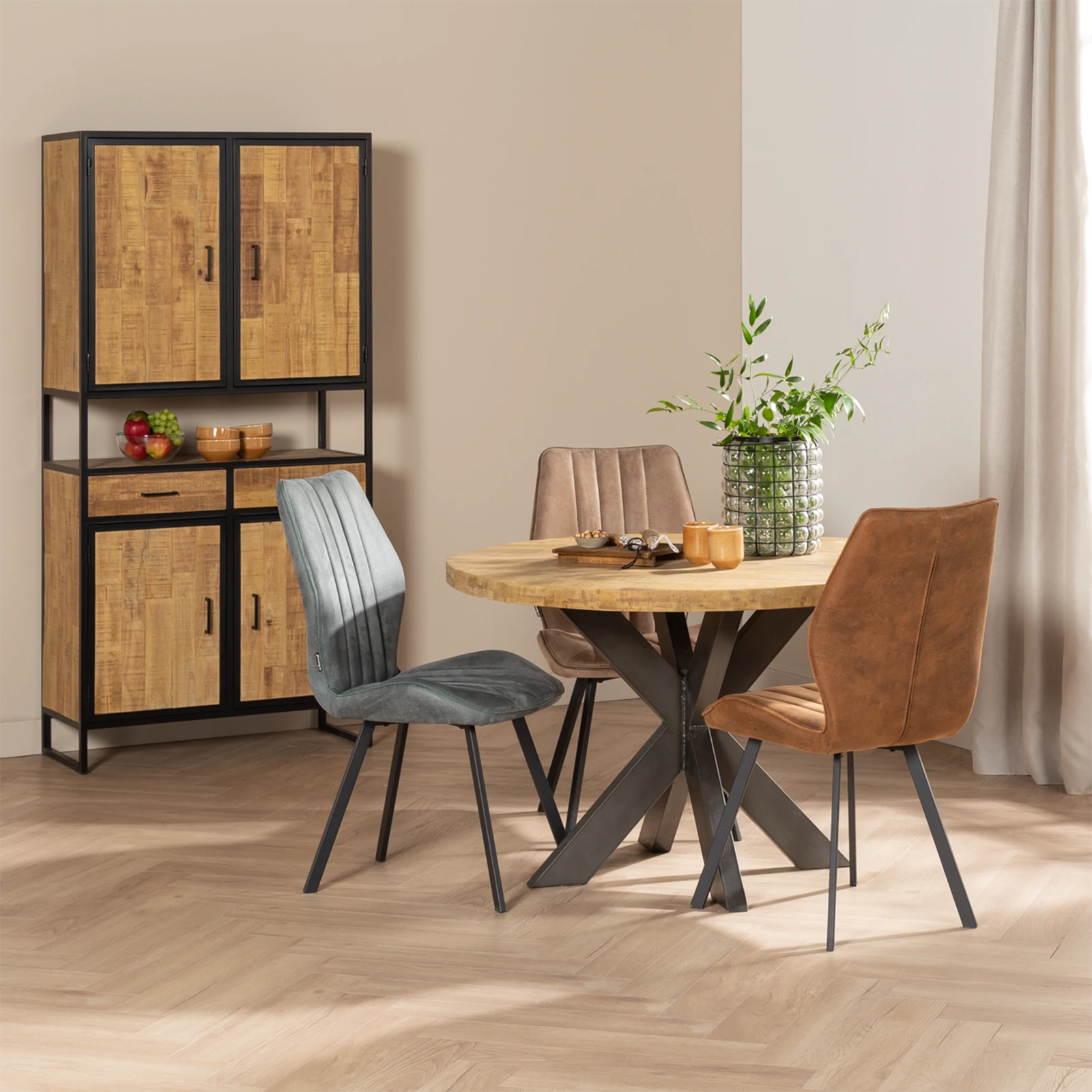 Eettafel (rond 120cm - poot 10x5cm) Steelwood - Seasoned Brown