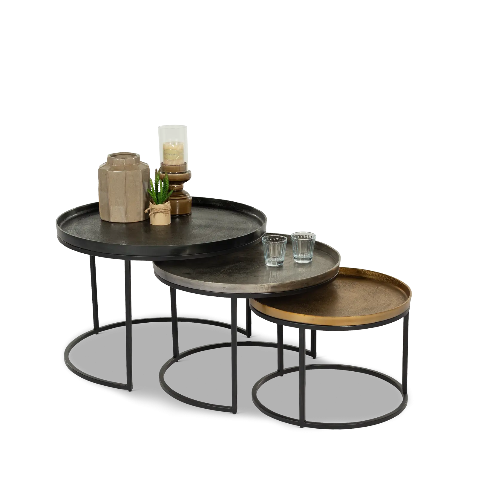 Salontafel set van 3 Zulia - rond 70/60/50 cm - metaal mix  Zwart/Tin/Goud