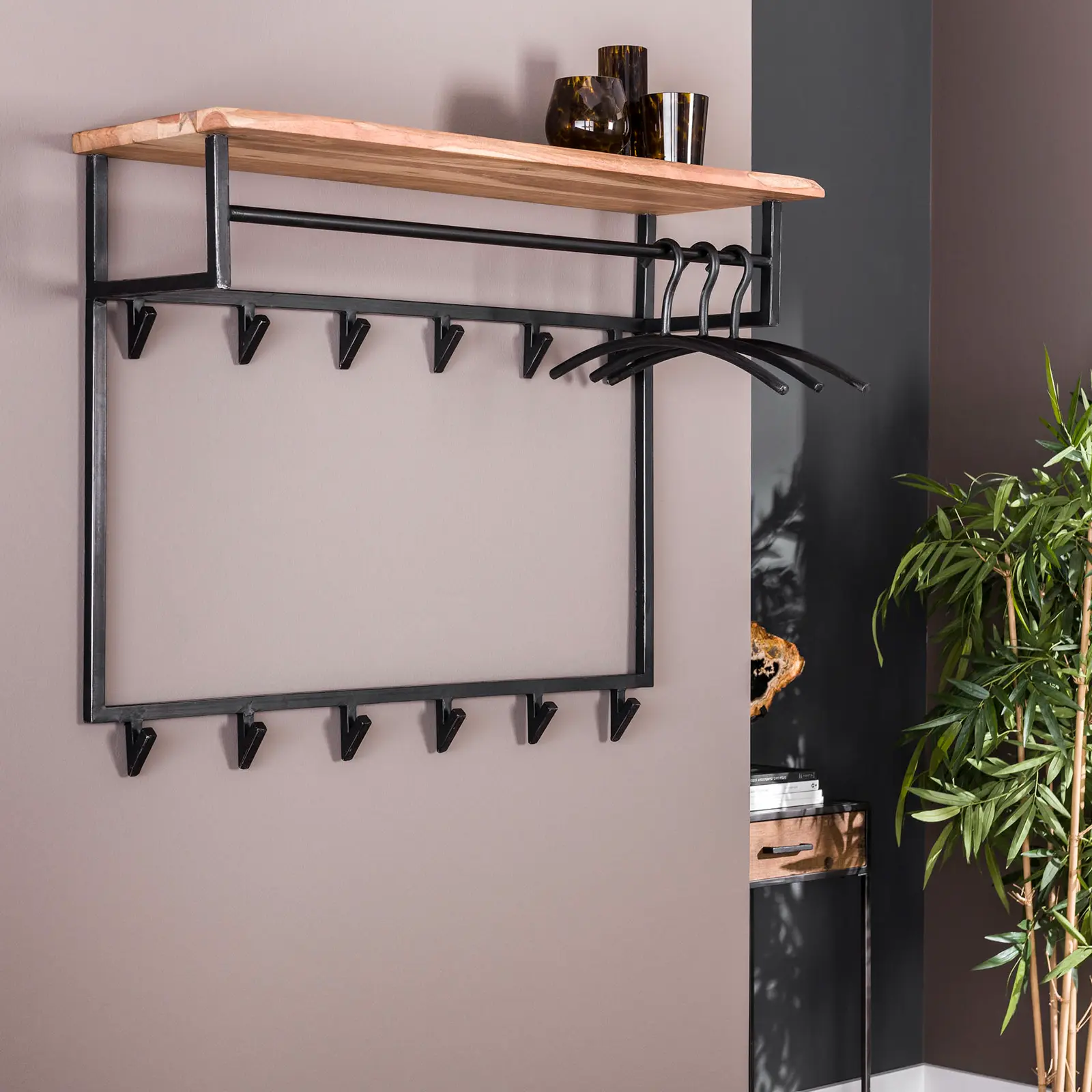 Kapstok Edge - 100 cm - 12 haken - roede - hoedenplank - Acaciahout