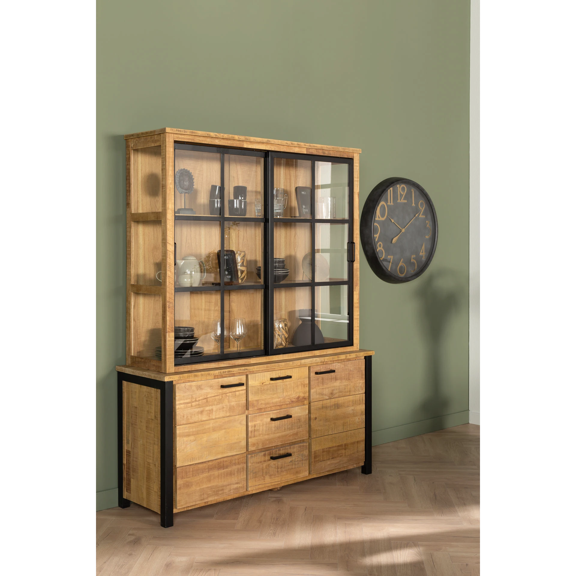 Vitrinekast (schuifdeuren) Steelwood - Seasoned Brown/Metaal Zwart