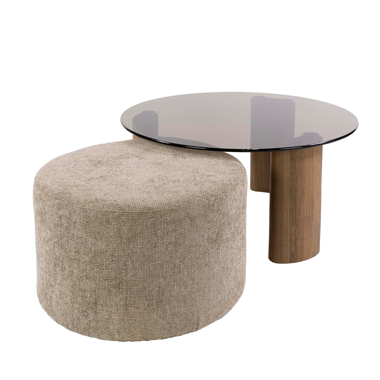 Salontafel set van 2 Tinto - rond 80/57 cm - Poef stof zand - Tafel rookglas bruin